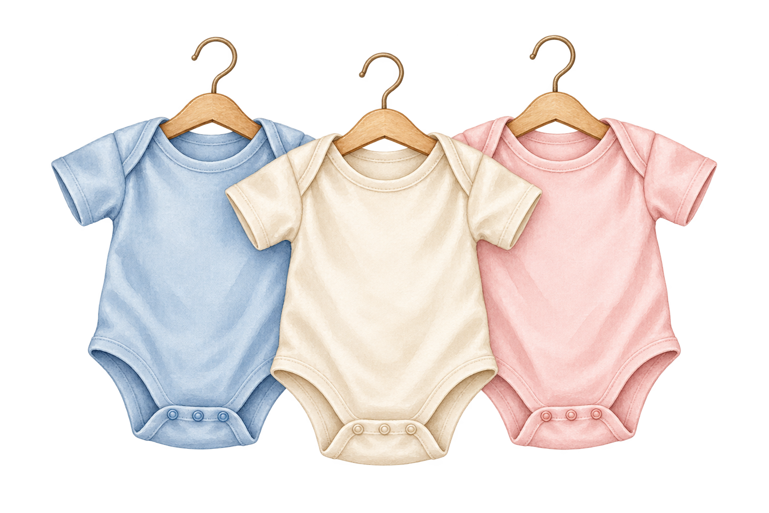 Baby onesies in blue, cream, and pink