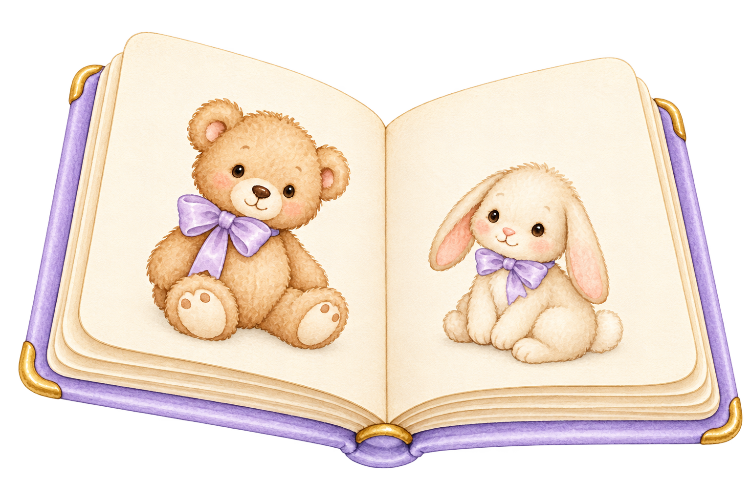An open baby book with teddy bear and bunny pictures